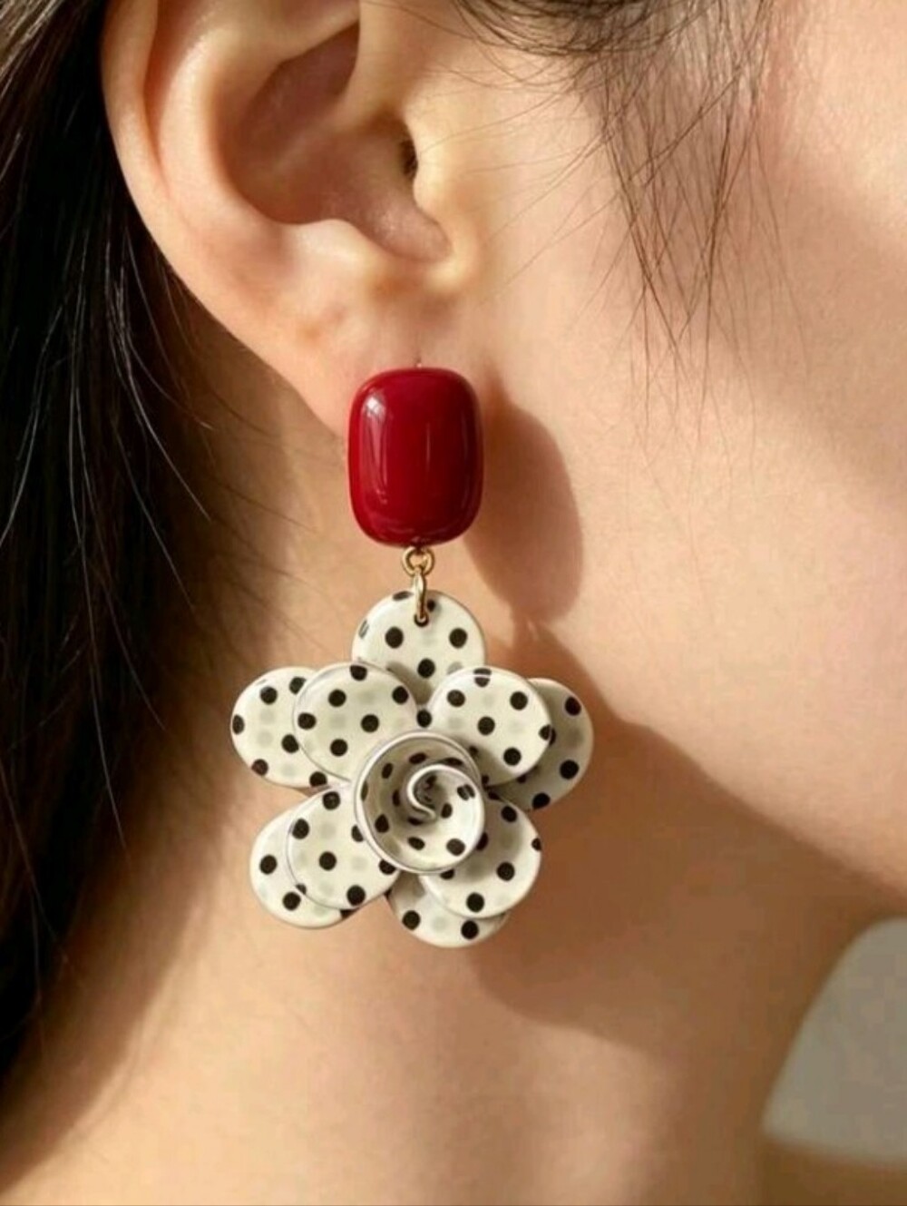 NEW! Romantic Red & White Polka Dot Flower Drop Earrings - Women Jewelry